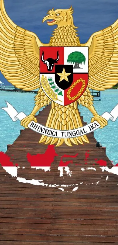 Indonesian emblem on a tropical seaside dock wallpaper.