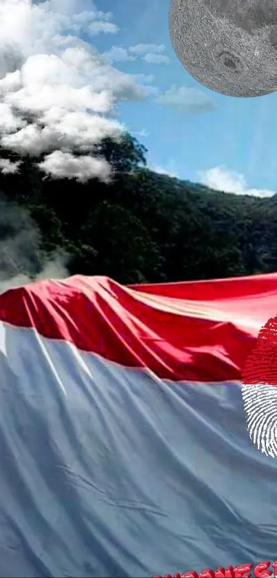 Indonesian flag draped over green hills under a cloudy sky.