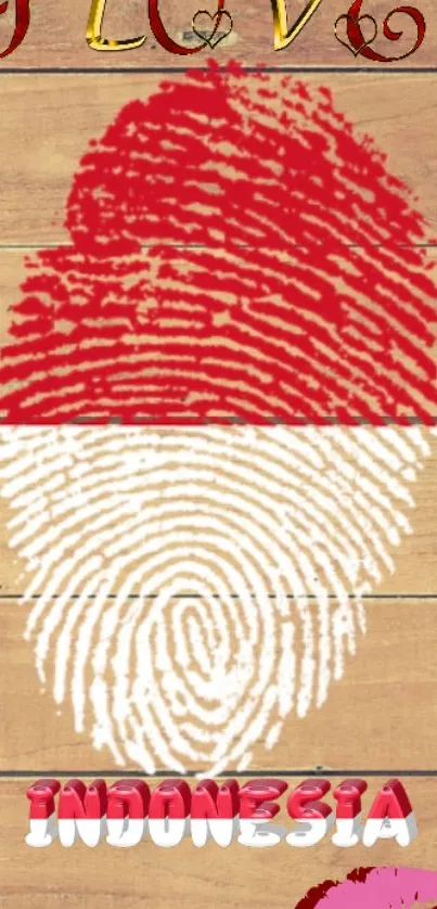 Fingerprint art resembling Indonesian flag on wooden background.