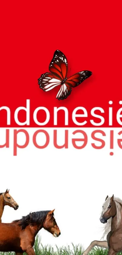 Red and white wallpaper with Indonesia theme, featuring butterfly and horses.