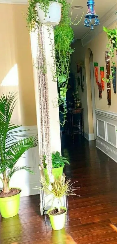 Vibrant indoor plants in a sunlit hallway with elegant decor.