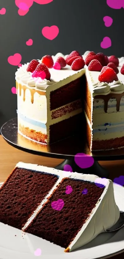 Chocolate cake with raspberries on a plate.