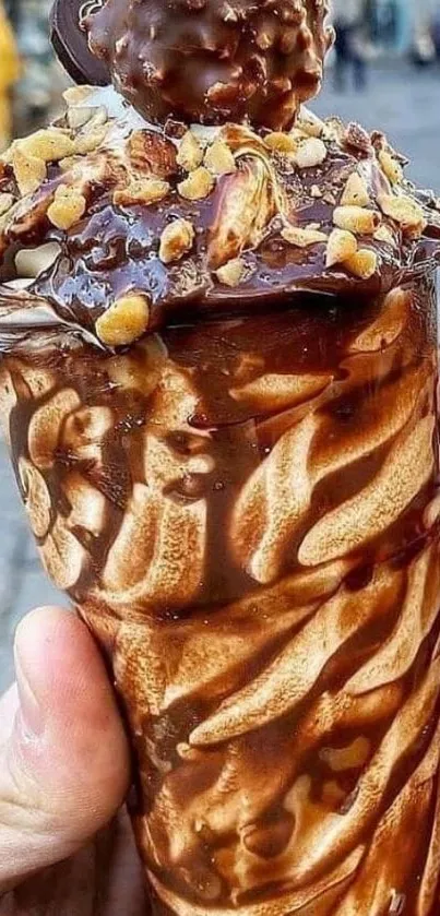 Luscious chocolate milkshake with nuts in a handheld cup.