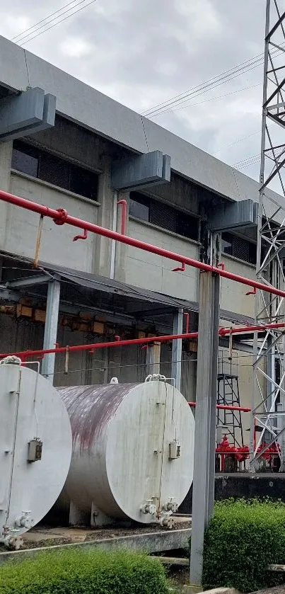 Industrial facility with tanks and steel structures, under a cloudy sky.