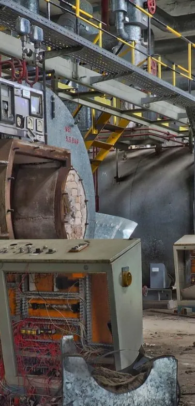 Industrial factory interior with machinery and pipes.