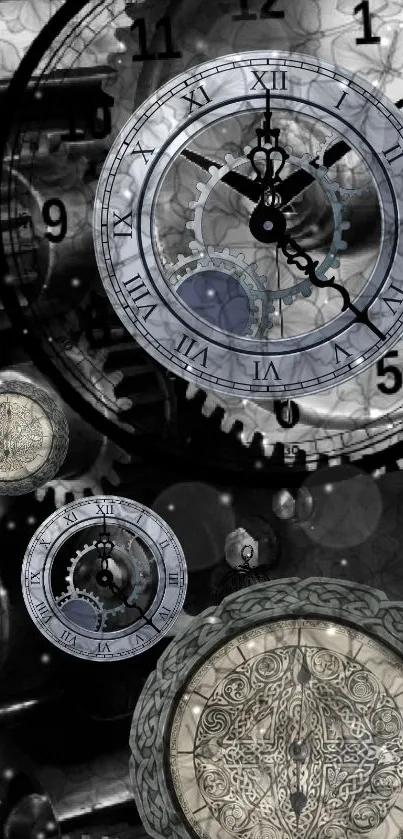 Monochrome wallpaper with clock and industrial gears.