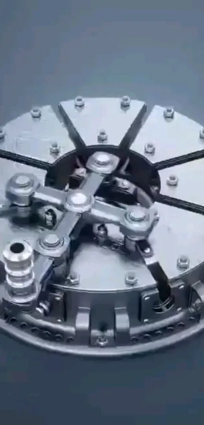 Close-up of a metal gear mechanism with industrial design elements.