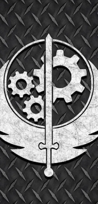 Industrial-themed wallpaper with gear and sword design.