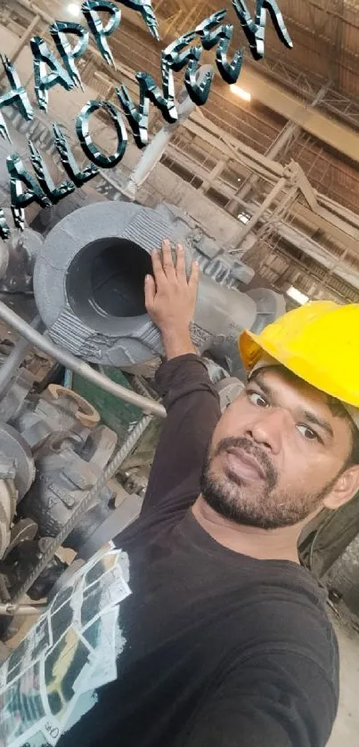 A worker in a hard hat posing with machinery for Halloween.