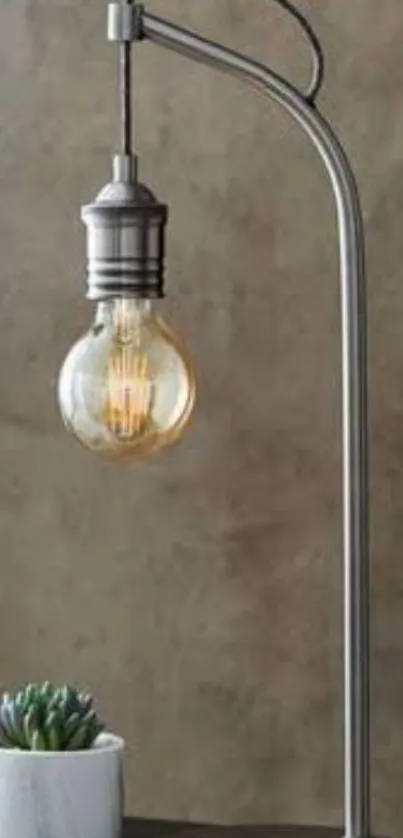 Industrial lamp with Edison bulb and succulent on table.