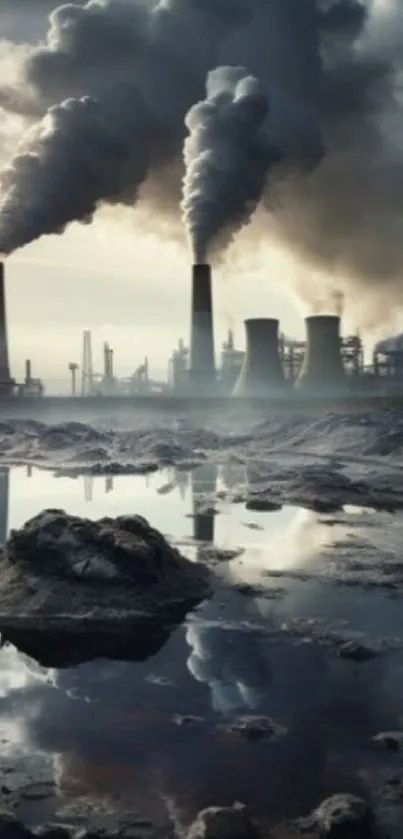 Industrial area with smoke stacks and reflections, symbolizing pollution.
