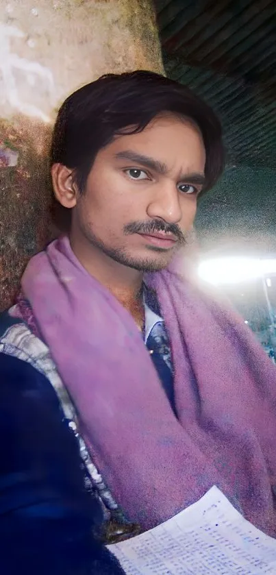 Man wearing a purple scarf in a dim factory setting, exuding a thoughtful vibe.