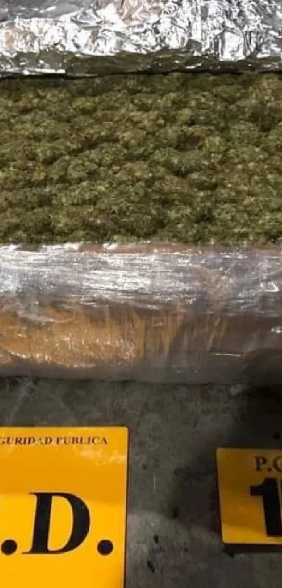 Industrial parcel on warehouse floor with yellow tags.