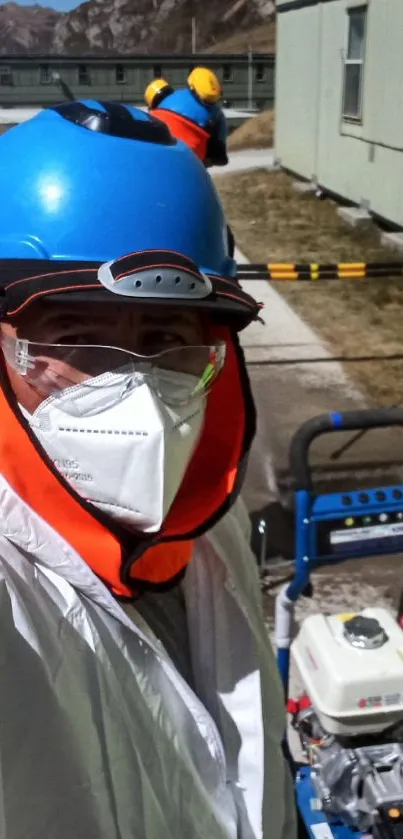 Workers in protective gear and helmets at an industrial site.