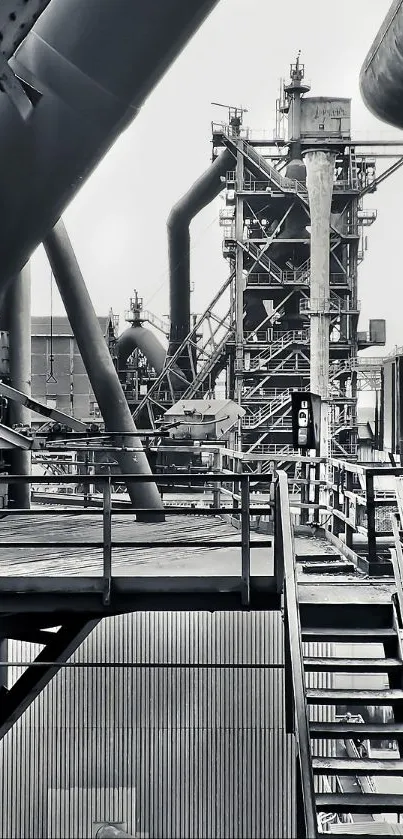 Monochrome industrial structure with metal beams and pipes.