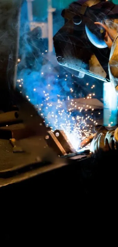 Welder creating sparks in a workshop, with vibrant blue hues.