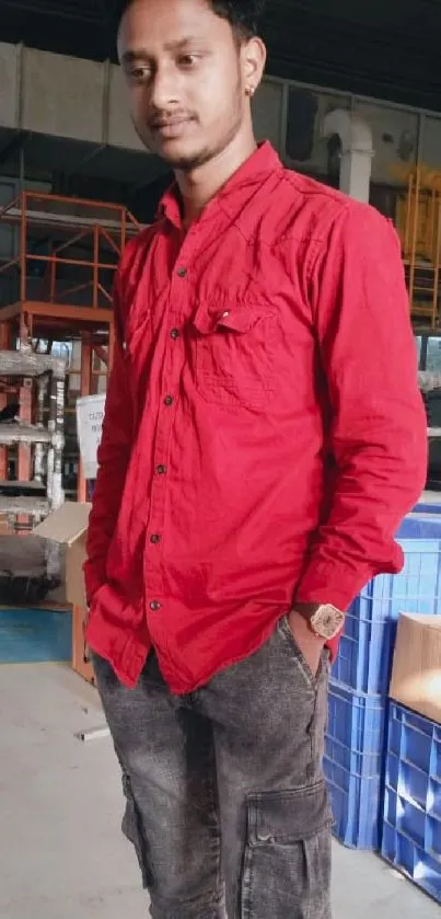 Person in a red shirt standing in an industrial setting with blue crates.