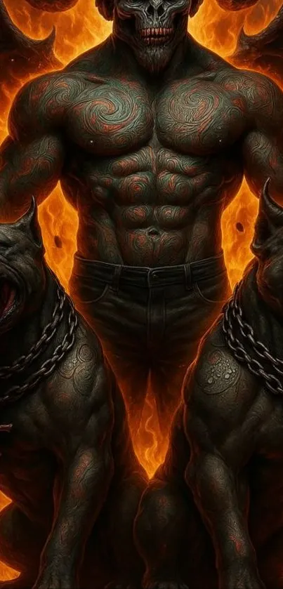 Demonic figure surrounded by two hellhounds and fiery background.