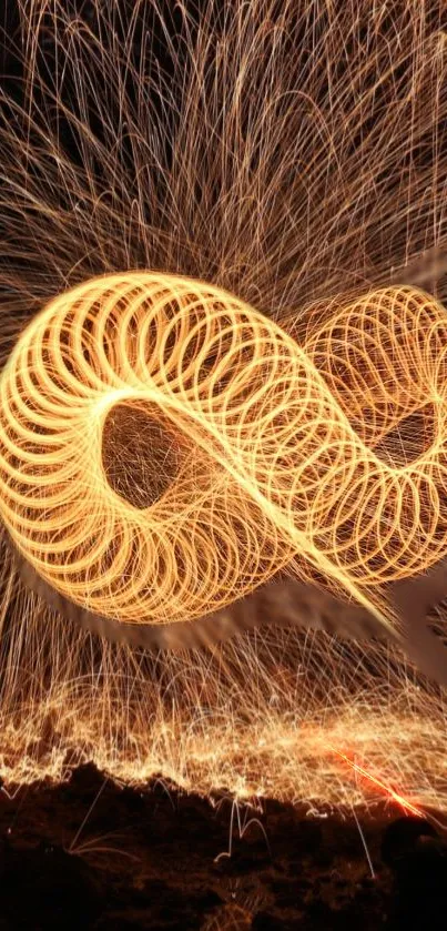 Infinite light spiral with golden hues on dark background.