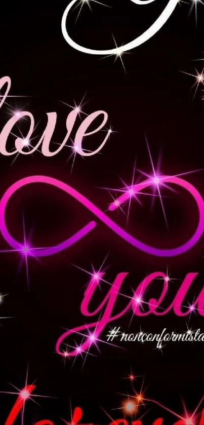 Neon love wallpaper with 'Love You' text and infinity symbol glowing in pink.