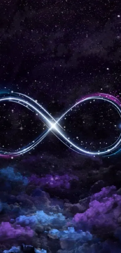 Infinity symbol glowing in starry purple night sky.