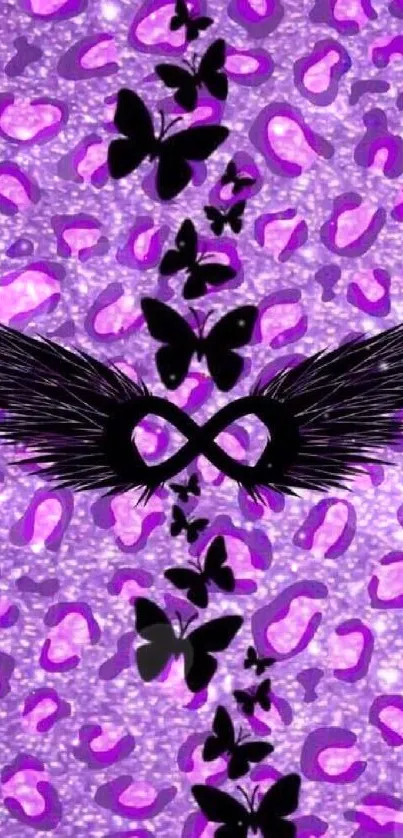 Purple wallpaper with infinity symbol, wings, and butterflies.