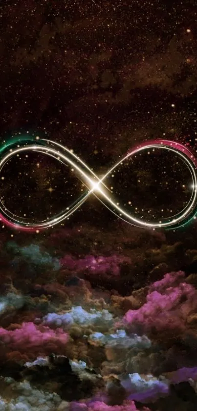 Infinity loop on a cosmic galaxy background with vibrant clouds.