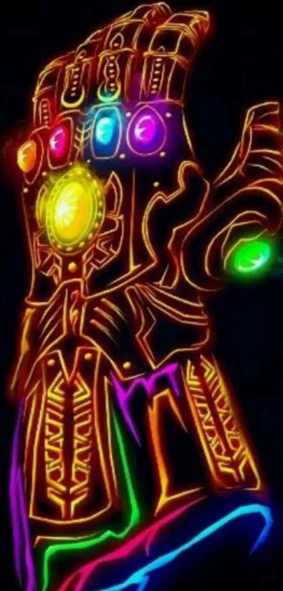 Neon art of the Infinity Gauntlet with glowing gems on a dark background.