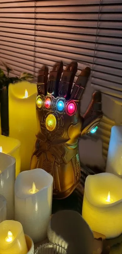 Infinity Glove among illuminated candles creating a magical ambiance.