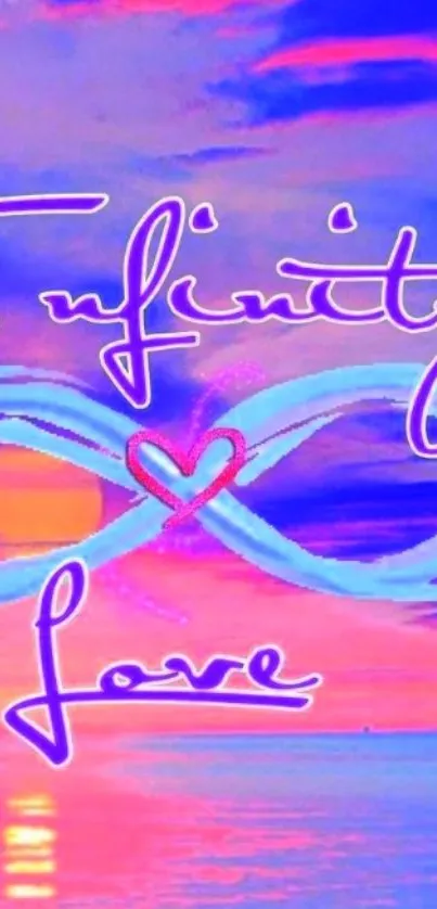 Infinity Love wallpaper with purple and pink ocean sunset.