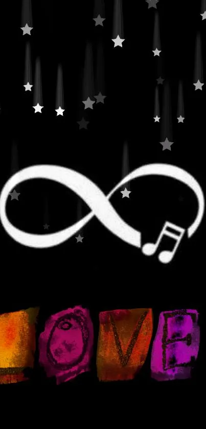 Infinity symbol with love and music on a colorful background wallpaper.