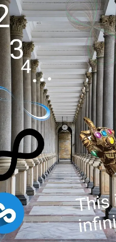 Infinity symbols and gauntlet in a classical colonnade setting.