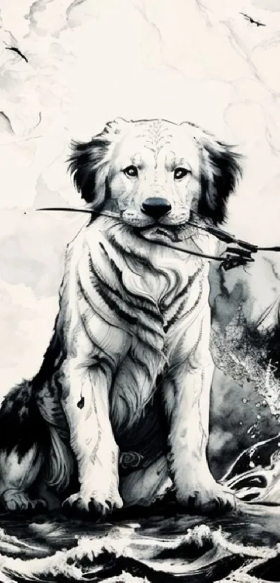 Artistic ink drawing of dog holding a branch in monochrome.