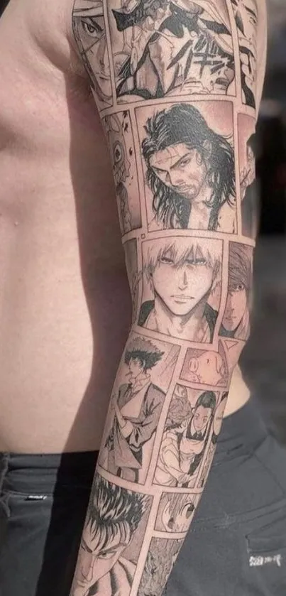 Detailed manga tattoo sleeve showcasing intricate artwork.