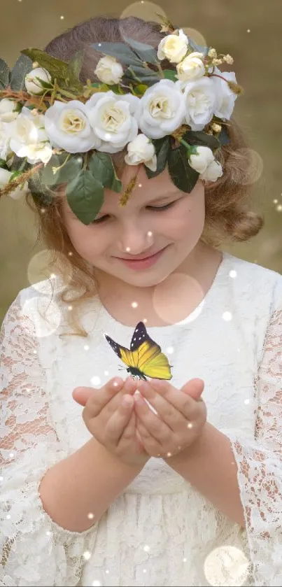 Young girl with floral crown holding a butterfly.
