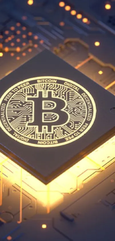 High-tech Bitcoin chip with golden glow on dark blue circuit board.