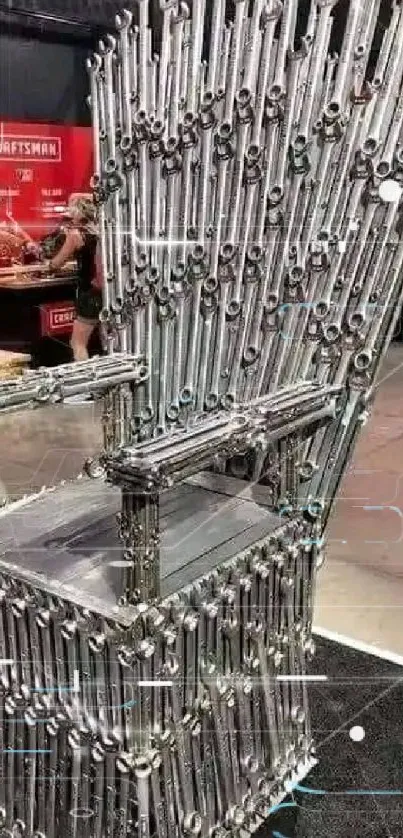 Innovative throne crafted from wrenches displayed at a design exhibit.