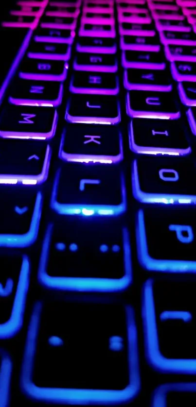 Neon glowing keyboard with vibrant blue light.