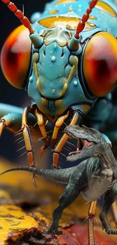 Close-up of an insect with dinosaur art.