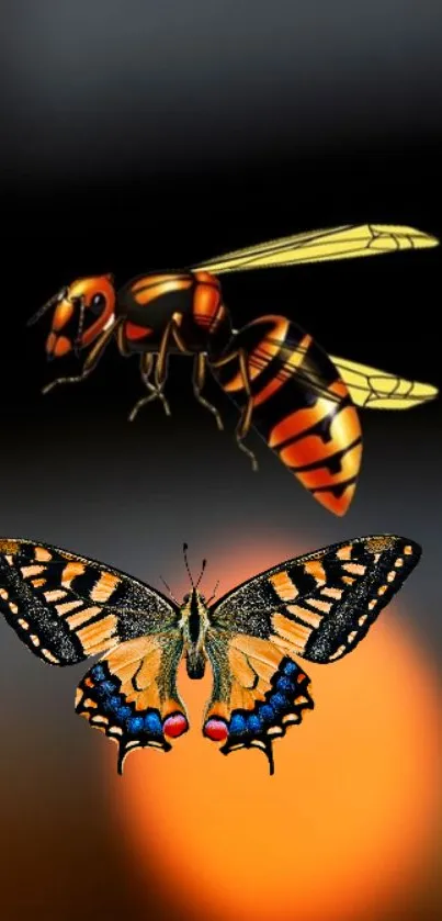 Abstract wallpaper with a wasp and butterfly on a blurred background.