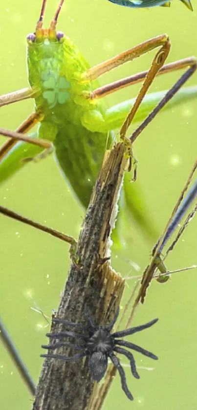 Grasshopper and spider on a stick with light green background.