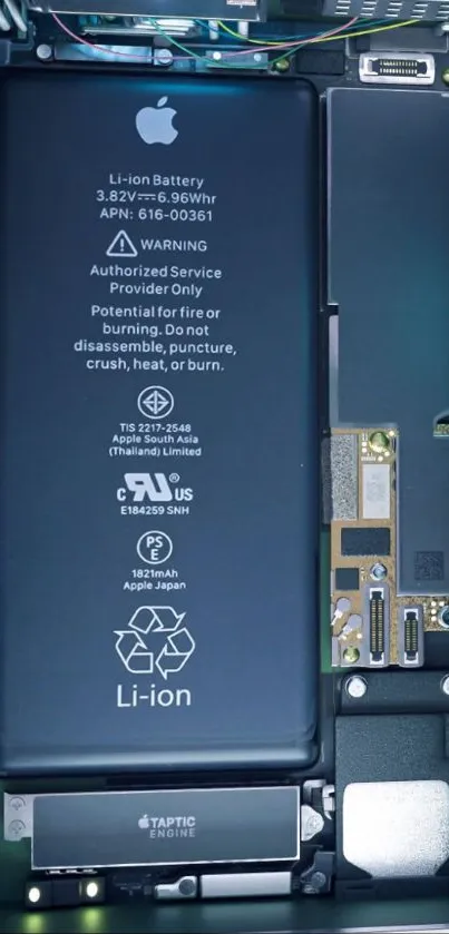 Detailed view of mobile phone interior components and battery.