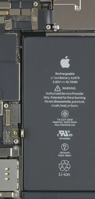 Close-up view of smartphone battery and components.