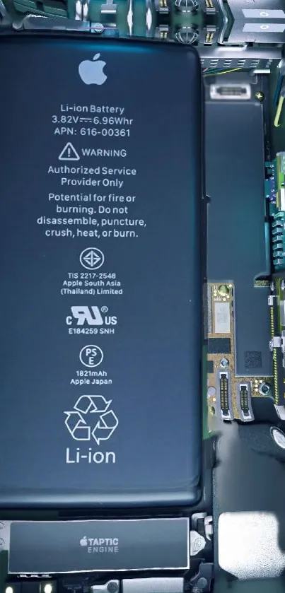 Detailed view of a smartphone's internal circuit and battery.