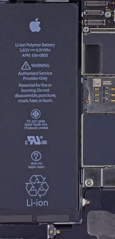 Close-up view of smartphone battery and internal components.