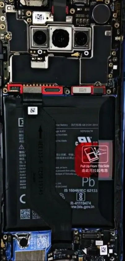 Internal smartphone view with components and circuitry exposed.