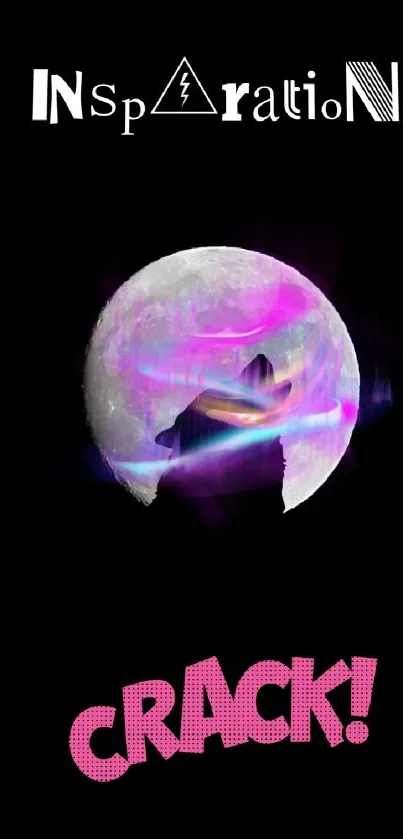 Neon pink and purple cracked moon on black wallpaper.