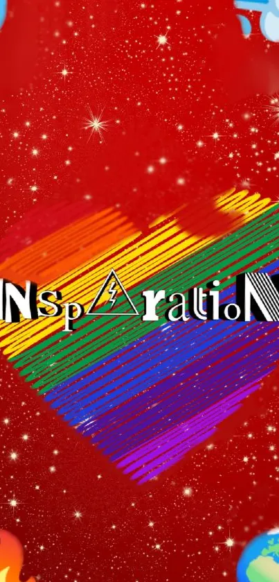 Vibrant red wallpaper with a colorful heart and the word 'Inspiration'.