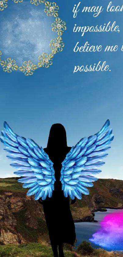 Silhouette with blue angel wings and inspiring quote over scenic landscape.