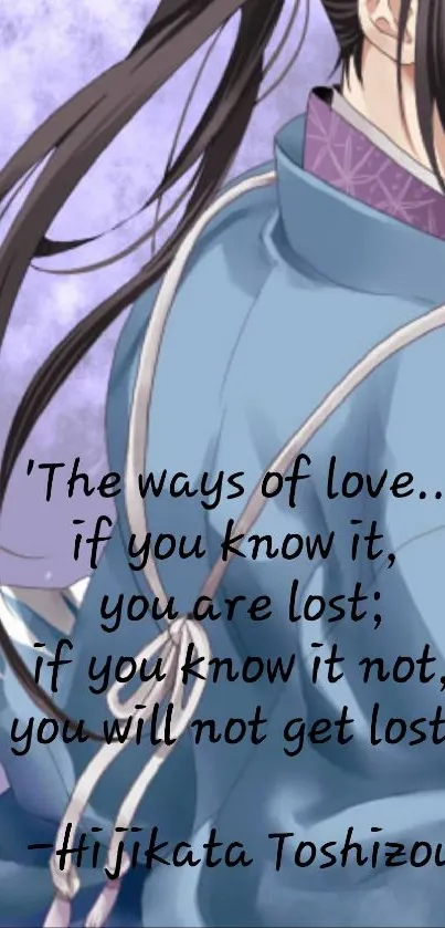 Anime character with love quote on blue background.